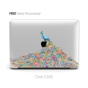 watercolor Peacock Clear Macbook Case, Matte Case | Macbook Air 13, Pro 13 14 16, M1 M2 2023 , Personalized Name