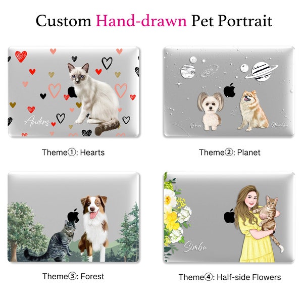 Personnalisez votre Macbook avec portrait d'animal de compagnie, coque transparente illustrée à la main avec photo de chien et chat | Macbook Air 13 15, Pro 13 14 16, M1 M2 2023