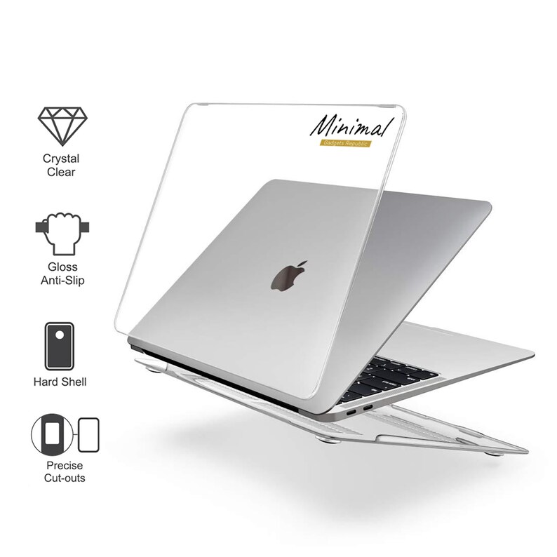 May include: A clear plastic case for a laptop computer. The case has a glossy finish and is designed to protect the laptop from scratches and bumps. The case is also designed to be easy to put on and take off. The case has the word "Minimal" printed on it.