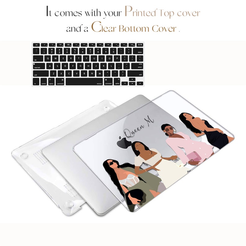 May include: A clear laptop case with a printed design featuring a group of women and the text "Queen M". The case comes with a black keyboard cover.