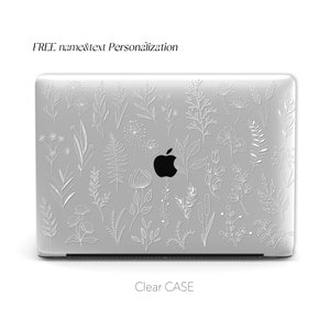 Personalized White French art plant lines, Clear Macbook Case | Macbook Air 13, Pro 13 14 16, M1 M2 2023