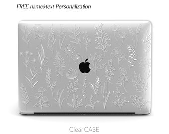 May include: A clear laptop case with a white floral design. The case is designed to fit a MacBook Pro. The text "FREE name&text Personalization" and "Clear CASE" are printed on the case.