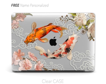 Japanese Style Koi,  Clear Macbook Case, Black Matte Case | Macbook Air 13, Pro 13 14 16, M1 M2 2023 , Personalized Name