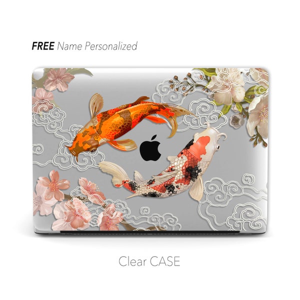 Japanese Style Koi,  Clear Macbook Case, Black Matte Case | Macbook Air 13, Pro 13 14 16, M1 M2 2023 , Personalized Name