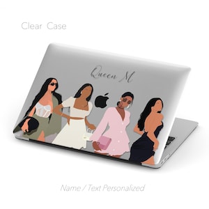 May include: A clear laptop case with a design featuring four women in different outfits and the text "Queen M".