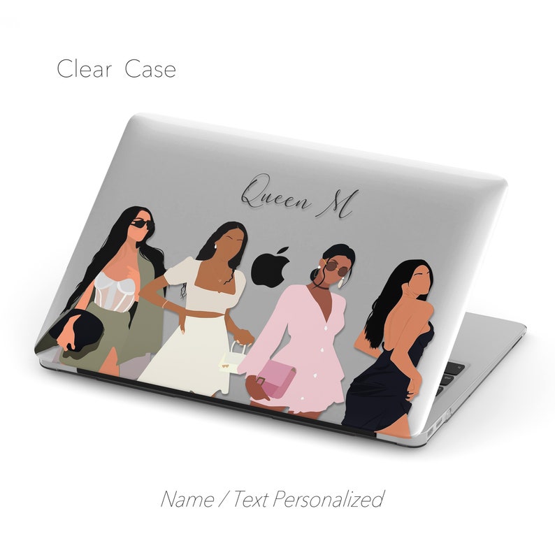 May include: A clear laptop case with a design featuring four women in different outfits and the text "Queen M".