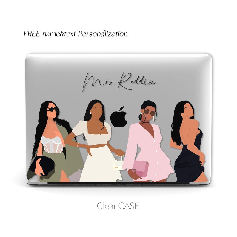 May include: A clear laptop case with a design featuring four women in different outfits. The text "Mrs. Reddix" is printed on the case.