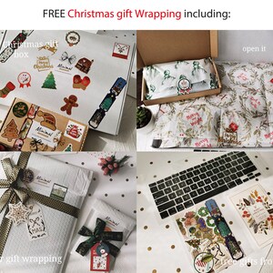 May include: A white box with a Christmas gift inside. The box is decorated with stickers and the words "Merry Christmas" and "Minimal". The gift is wrapped in white paper with a gold ribbon and a snowflake sticker. The text "FREE Christmas gift Wrapping including:" is at the top of the image. The text "inner gift wrapping" is at the bottom left of the image. The text "free gifts from us" is at the bottom right of the image.