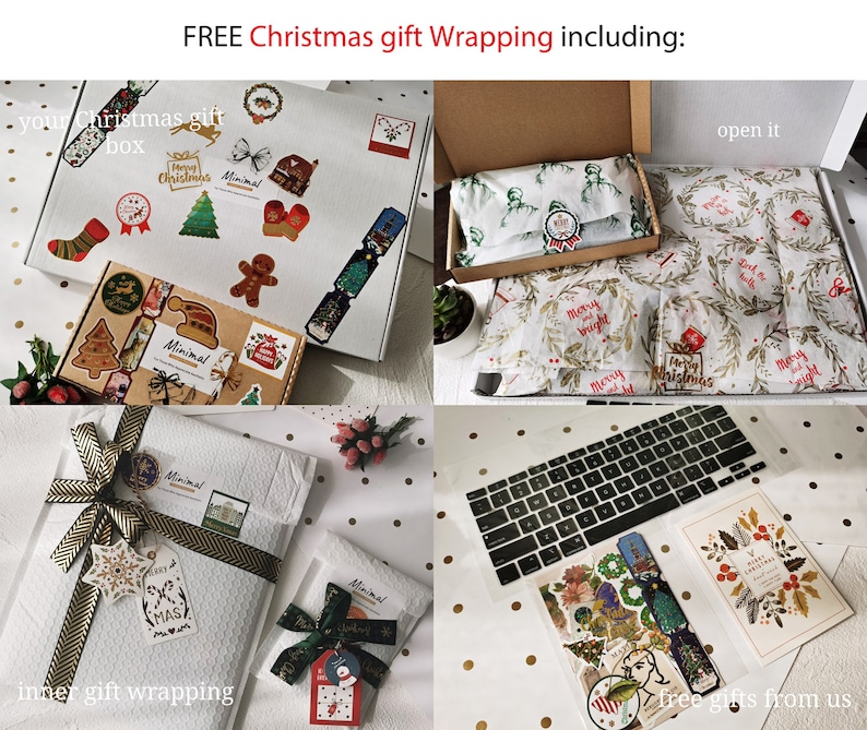 May include: A white box with a Christmas gift inside. The box is decorated with stickers and the words "Merry Christmas" and "Minimal". The gift is wrapped in white paper with a gold ribbon and a snowflake sticker. The text "FREE Christmas gift Wrapping including:" is at the top of the image. The text "inner gift wrapping" is at the bottom left of the image. The text "free gifts from us" is at the bottom right of the image.