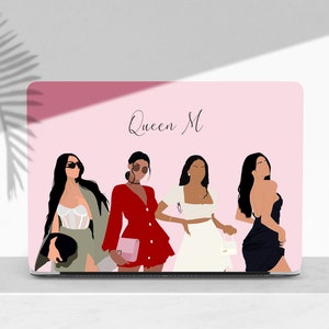 May include: Laptop skin with a pink background and the text "Queen M" at the top. Four women are depicted in the image, each wearing a different outfit. The women are all facing forward and have long, dark hair.