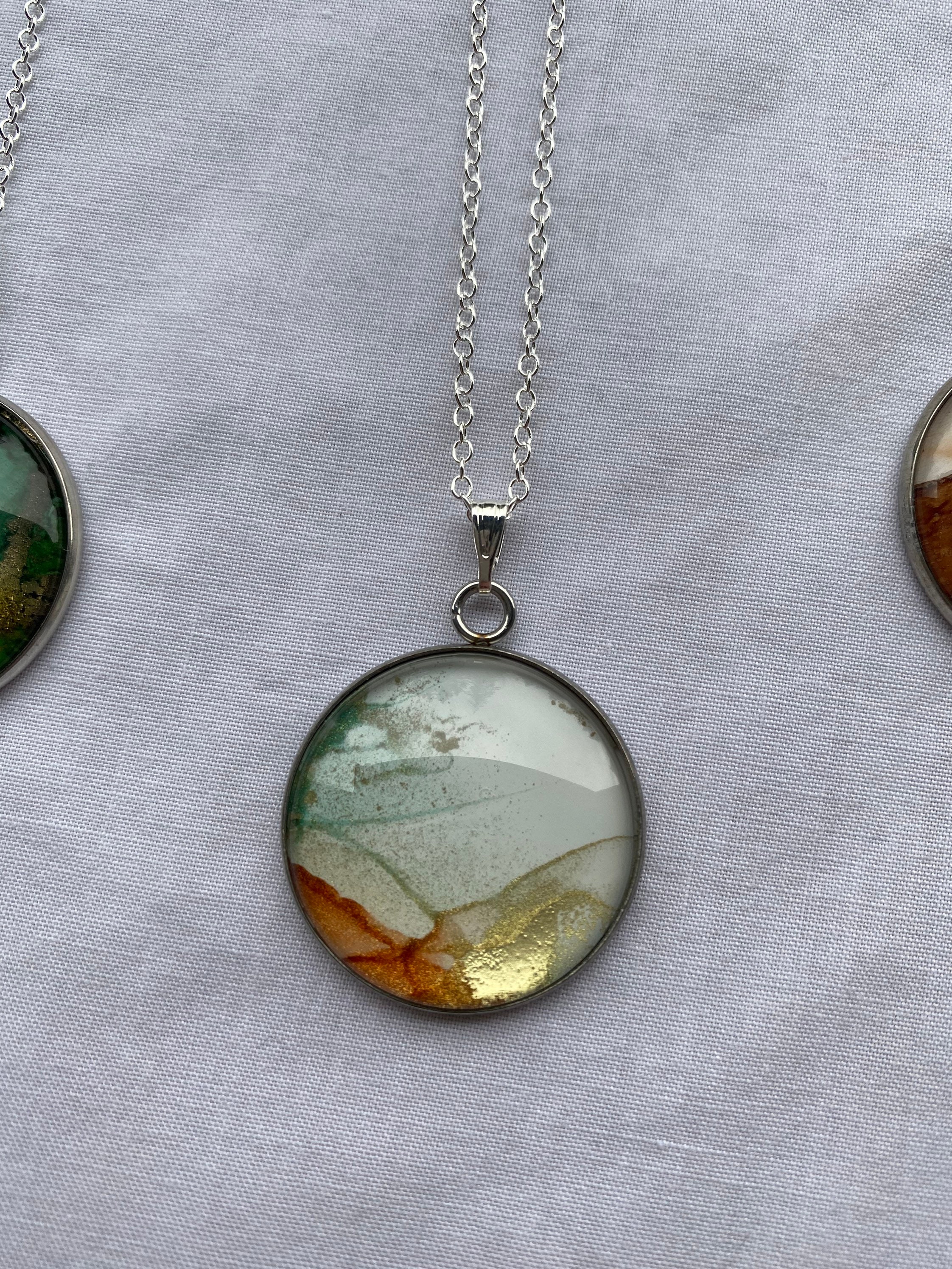 Silver Alcohol ink Pendant Necklace Green Burnt Orange Gold Etsy