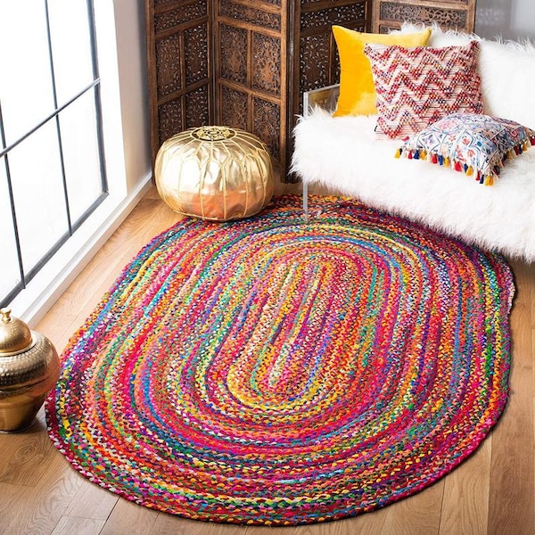 Hand Braided Boho Colorful Cotton Chindi Area Rug multi colors Home Decor Rugs cotton area rugs oval shape braided rug rag floor rug mat