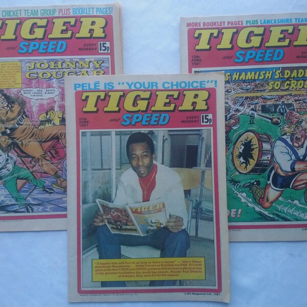 Tiger and Speed Comics set June 13-20-27 1981 IPC Magazines Ltd Pele Brazil Photo Nottinghamshire Cricket Preserved Stored rare Condition !!