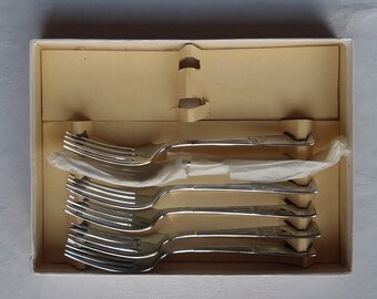 Vintage English Sheffield Chromium Plated On Nickel Silver Six Set Cutlery Fork,Preserved New From C1960-70,Original Box