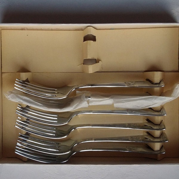 Vintage English Sheffield Chrom auf Nickelsilber Sechs-Set-Besteckgabel, erhalten neu von C1960-70, Originalbox