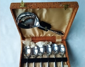 Vintage English Sheffield Chrome on Nichel Silver Six Set Cutlery Fruit Dessert Soup Spoon,Preserved Unused Condition C1960,Original Box