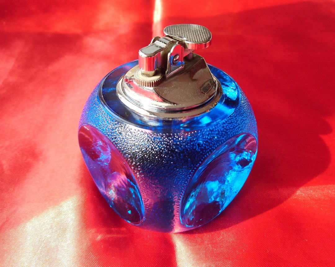 Vintage English Blue Glass Table Cigarette Lighter Preserved Original Condition