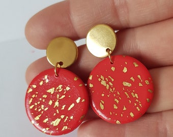 Red earrings, gold leaf, original earrings, original, red circle, christmas gift, festive jewel, round earrings