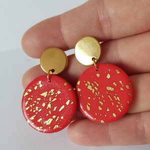 Red earrings, gold leaf, original earrings, original, red circle, christmas gift, festive jewel, round earrings