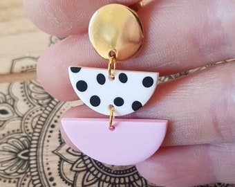 polka dot earrings, Valentine's Day, half-moon earrings, handmade, pastel pink