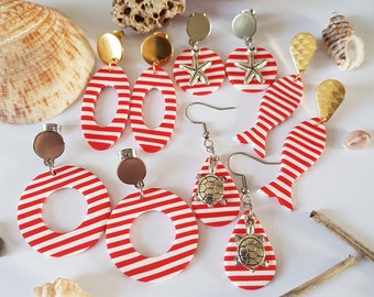 Sailor earrings, red, holidays by the sea, beach, stripes, turtle, starfish, holidays, red jewelry, red and white, hanging fleas