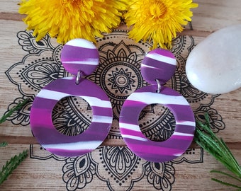 Originele oorbellen, ronde lussen, cirkellussen, paarse oorbellen, origineel cadeau, polymeerpasta, polymeerklei, fimo