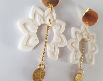 boucles d'oreilles blanche,boucles d'oreilles originales,fabriqué en france,fimo,ethnic jewellery,boucles d'oreilles originales