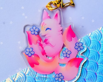 Double Sided Sakura Sunset Kitsune Keychain | Clear Acrylic Fox Charm