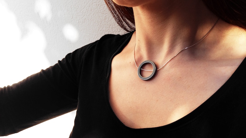 Glossy Metallic Pendant Geometric Hematite Necklace Hematite Ring Necklace Circle Pendant round Pendant