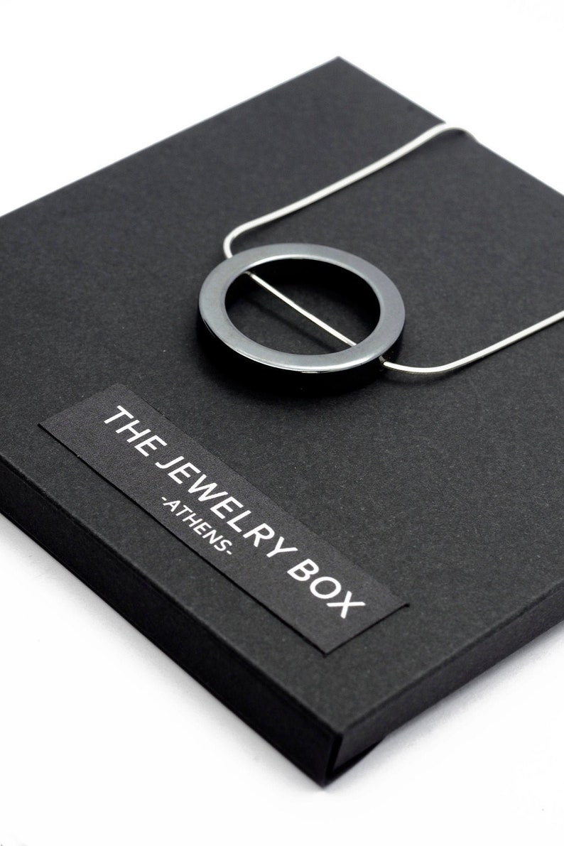 Glossy Metallic Pendant Geometric Hematite Necklace Hematite Ring Necklace Circle Pendant round Pendant