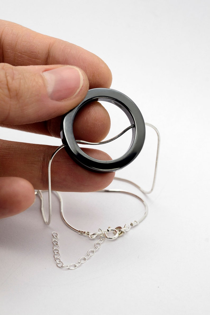 Glossy Metallic Pendant Geometric Hematite Necklace Hematite Ring Necklace Circle Pendant round Pendant