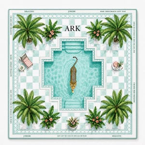 May include: A square game board featuring a central swimming pool with a leopard swimming in the middle. The board has a light green and white checkered pattern, palm trees, lounge chairs, and the text ARK, DRAGONS, JOKERS, and BAMS.