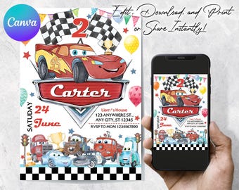 Cars Birthday Invitation, Lightning McQueen Invitation, Kids Birthday Invitation, Editable Personalized Canva Printable Digital Invitation
