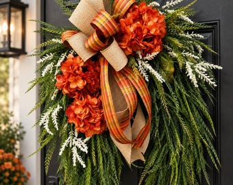 Fall Hydrangea Wreath, Autumn Front Door Wreath, Rustic Farmhouse Fall Decor, Orange Cream Hydrangea Wreath with Saw Grass Greenery