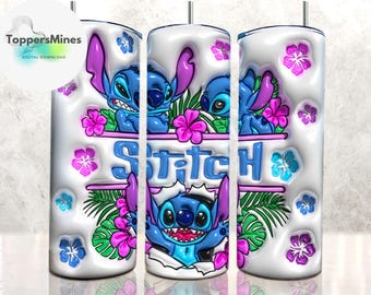 3D Inflated Stitch Floral Tumbler Wrap, Stitch Spring 20oz Tumbler Png, 3D Cartoon Tumbler 20oz Png, 3D 20oz Tumbler Wrap, Tumbler Png