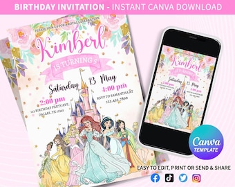 Princess Birthday Invitation, Princess Invitation, Princess Party Invitation, Girl Princess Invitations Editable, Belle Cinderella Ariel