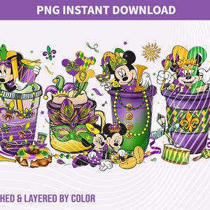 以下が含まれることがあります： ミッキーマウスとミニーマウスのキャラクターが描かれた、カラフルなマーディグラステーマのカップ4つ。各カップは、紫、緑、金、黄色の異なるデザインになっています。カップは重ねてあり、クラフトプロジェクトに使用できます。