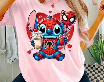ハッピーバレンタイン スティッチ スパイダーマン 漫画 PNG、漫画キャラクター バレンタイン PNG、バレンタイン マッチング シャツ PNG、カップル シャツ デザイン PNG