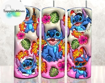 3D Inflated Stitch Summer Floral Tumbler Wrap PNG, Cartoon Valentine's Day Tumbler Wrap, Valentine Tumbler Wrap, Sublimation Design PNG