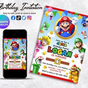 Convite personalizado do Mario Bros, convite de aniversário do Super Mario, convite para festa de aniversário para impressão editável, modelo de convite para festa de aniversário digital