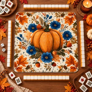 Classic Fall Pumpkin Mahjong Mat, Orange Gingham Table Runner, Autumn Harvest Game Pad
