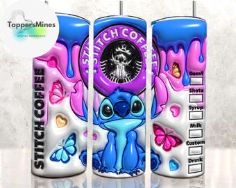 3D Inflated Stitch Butterfly Tumbler Wrap PNG, Stitch Coffee Tumbler Wrap, Floral Tumbler Wrap, 3D Tumbler Wrap, Sublimation Design PNG