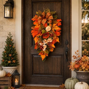 May include: A teardrop-shaped autumn wreath featuring orange, red, and yellow maple leaves, cream-colored roses, and small red berries. The arrangement is accented with a plaid fabric bow at the top and is mounted on a dark brown wooden door.