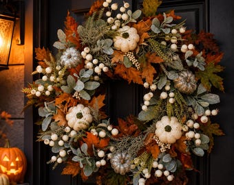 Fall Pumpkin Wreath, Thanksgiving Wreath for Front Door, Autumn Door Decor, Farmhouse Harvest Wreath, Pumpkin Fall Porch Decor