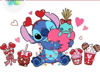 Stitch Coffee Valentine Png, Valentine Couple Heart Matching Png, Happy Valentine’s Day Stitch Couple Png, Love XOXO Png, Digital File
