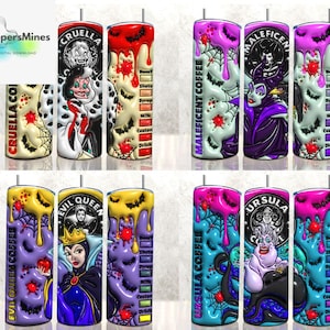 May include: A collection of four different 20 oz. stainless steel tumblers featuring Disney villain designs. Each tumbler has a unique color scheme and character portrait, including Cruella, Maleficent, Evil Queen, and Ursula. The tumblers have a coffee theme.