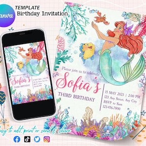 Die kleine Meerjungfrau-Einladung Kleine Meerjungfrau-Geburtstags-Einladung Ariel Party Kleine Meerjungfrau-Aquarell-Einladung Ariel bearbeitbare Einladung