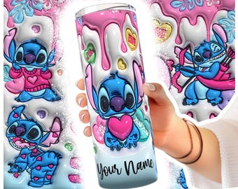 Personalized 3D Inflated Stitch Tumbler Wrap PNG, Cartoon Valentine's Day Tumbler Wrap, Valentine Tumbler Wrap, Sublimation Design PNG