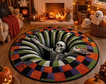 Tapis d'Halloween squelette 3D, tapis de sol rond à illusion d'optique, tapis squelette effrayant, décoration de maison hantée, tapis pour chambre d'horreur