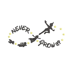 Peter Pan &quot;Never Grow Up&quot; Machine Embroidery Design. Multiple Sizes
